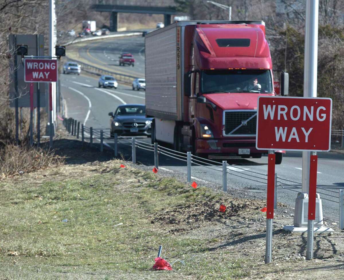 Warning lights have been installed along the Interstate 84 westbound Exit 8 off-ramp as part of an effort to combat wrong-way driving. Connecticut’s 2022 death toll associated with wrong-way crashes has increased to 15 — nearly double the eight people killed in each of the past two years.