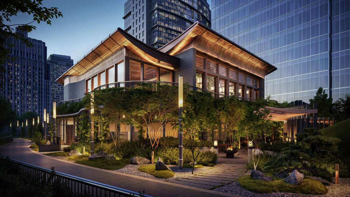 A rendering of two new Japanese restaurants that will open on the Salesforce Center's rooftop in 2023.