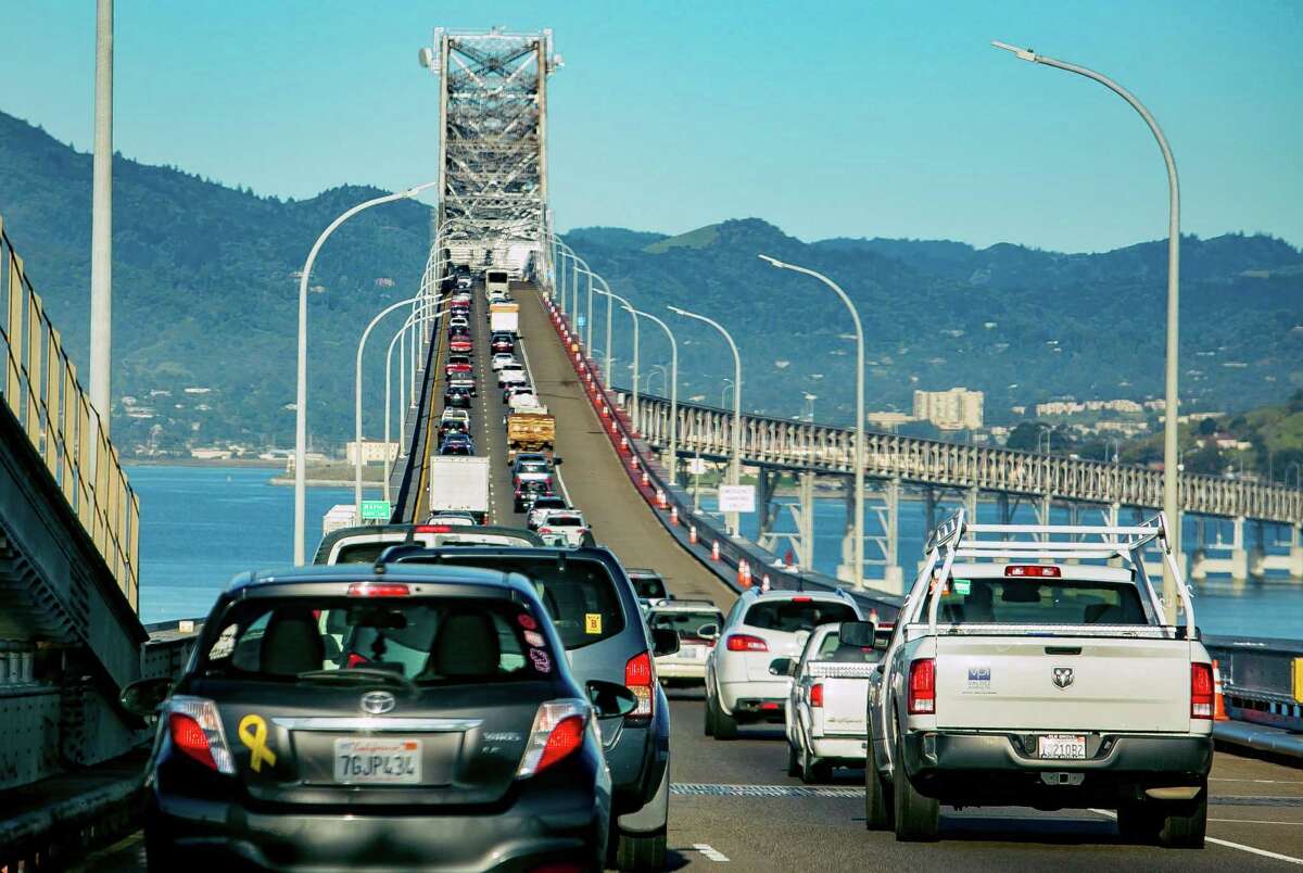Vehicles on the Richmond-San Rafael Bridge during rush hour in San Rafael, Calif. are seen on March 29th, 2018.