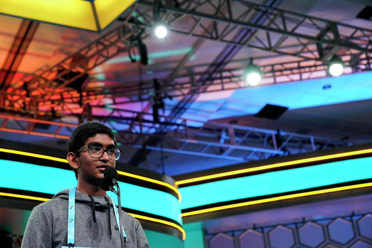 Shijay Sivakumar, 14, from Odessa competes during the Scripps National Spelling Bee, Wednesday, June 1, 2022, in Oxon Hill, Md. (AP Photo/Alex Brandon)