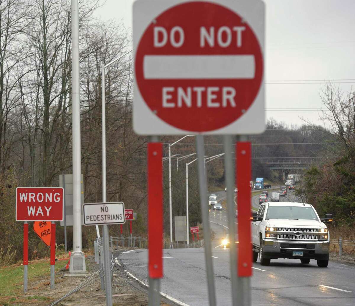 The state is installing high-tech wrong-way signs to prevent crashes at the Westbound Exit 8 off ramp. Monday, November 18, 2019, Danbury, Conn.