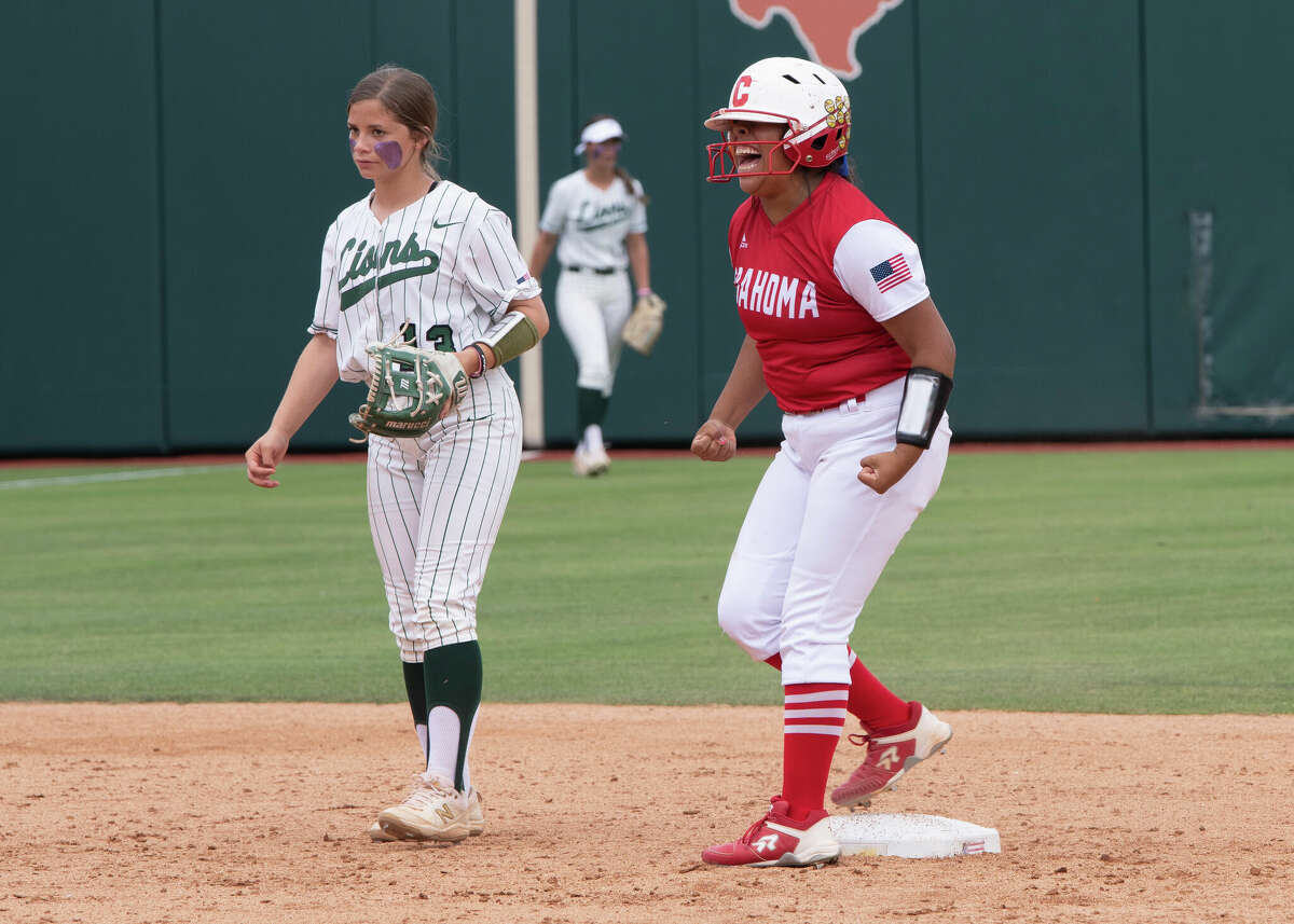 Coahoma freshman Avery Rodriguez celebrates after she doubles on a line drive to left field in the fourth inning during the Class 3A state semifinal game against Franklin on June 1 in Austin.  