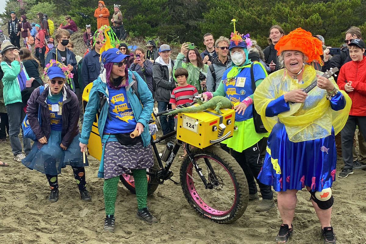 An impromptu musical performance from one of the teams in the 2022 Kinetic Grand Championship at the top of Dead Man's Drop.