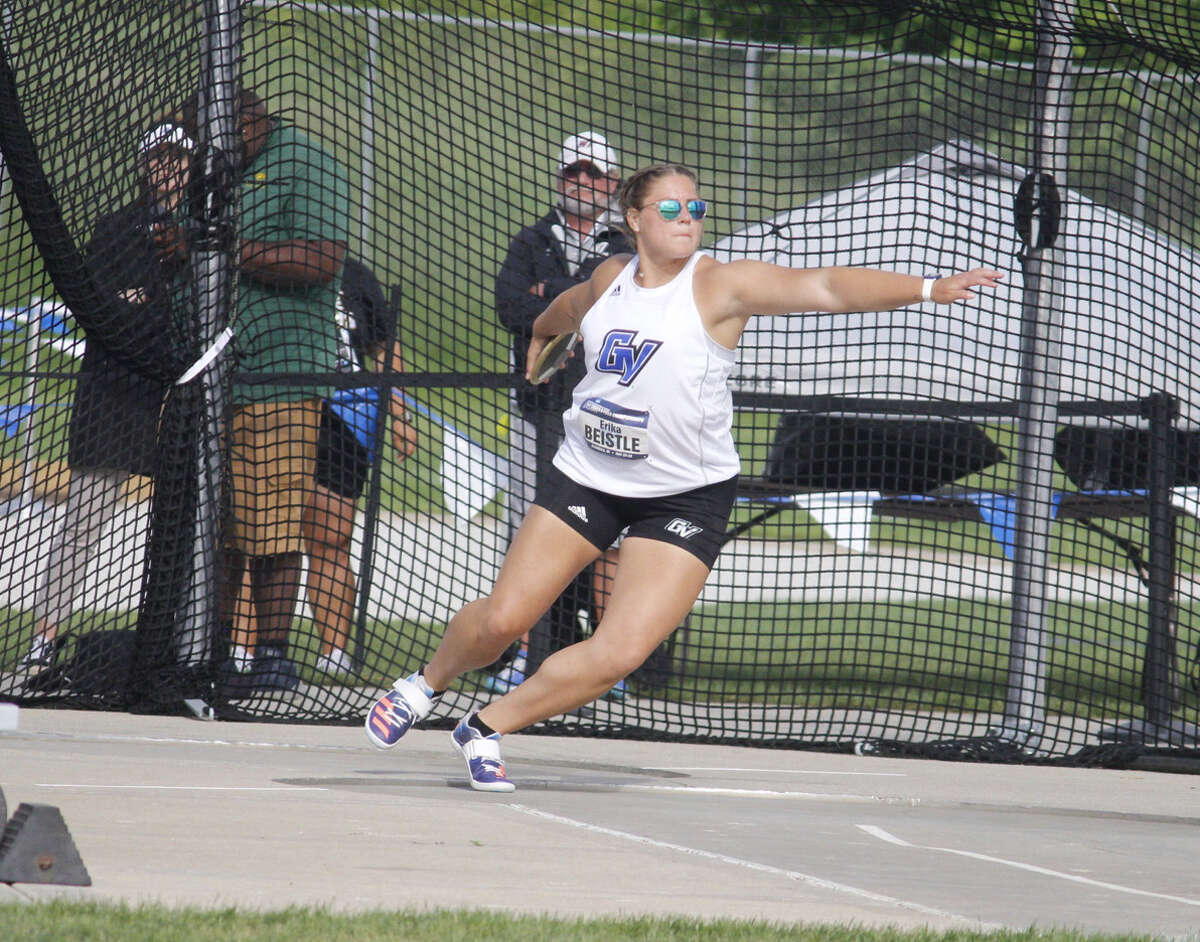 Big Rapids native Erika Beistle gets set to throw the discus last week for Grand Valley during the NCAA Division II nationals in Allendale.
