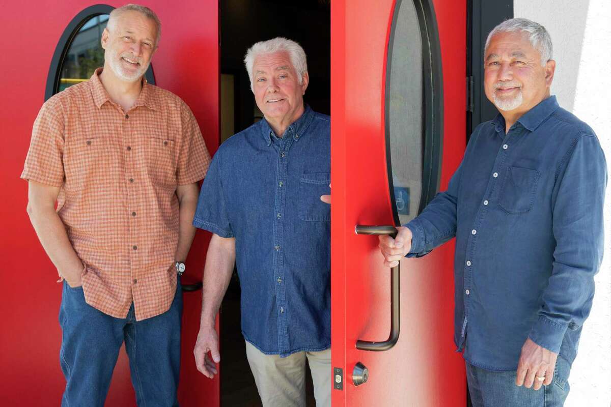Managing partner Tim Seberson (from left), chef and co-founder Todd Humphries, and co-founder Richard Miyashiro at the front door of Kitchen Door. After a yearlong hiatus, the decade-old restaurant is reopening in a new downtown Napa space with a cocktail program for the first time.