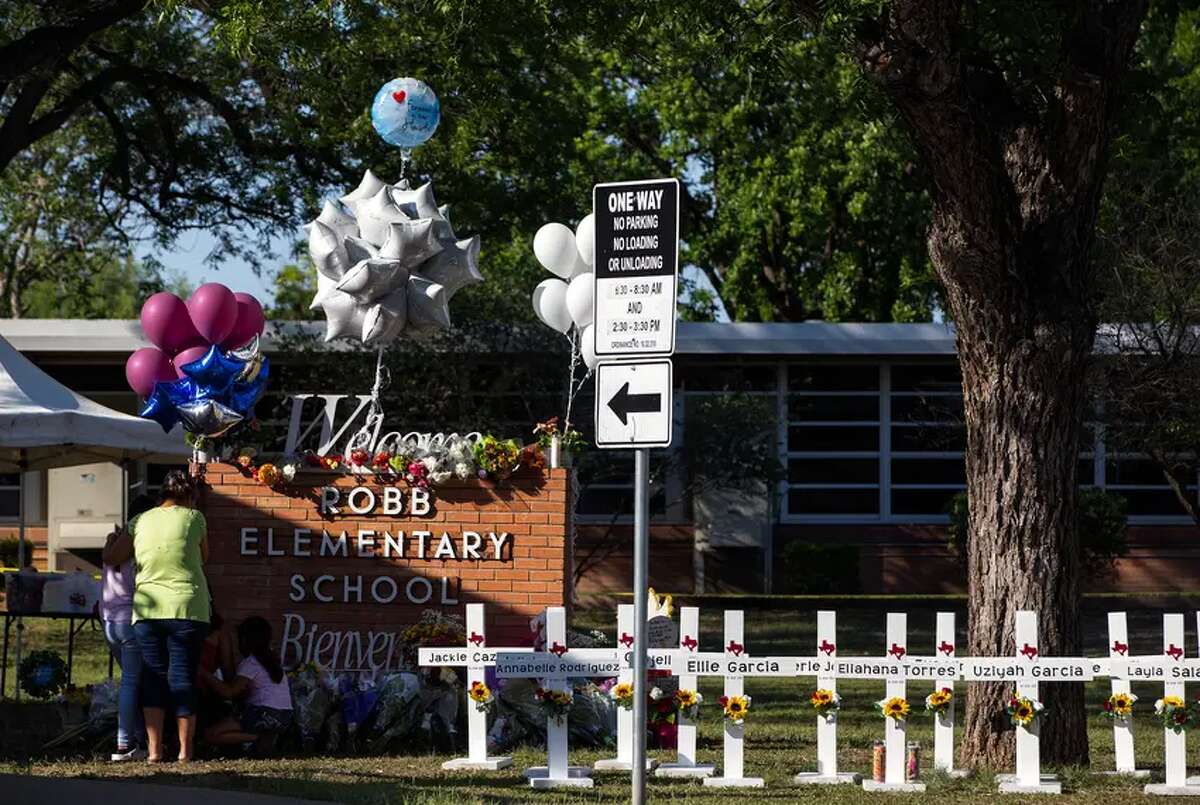 The memorial at Robb Elementary School on Thursday, May 26, 2022.