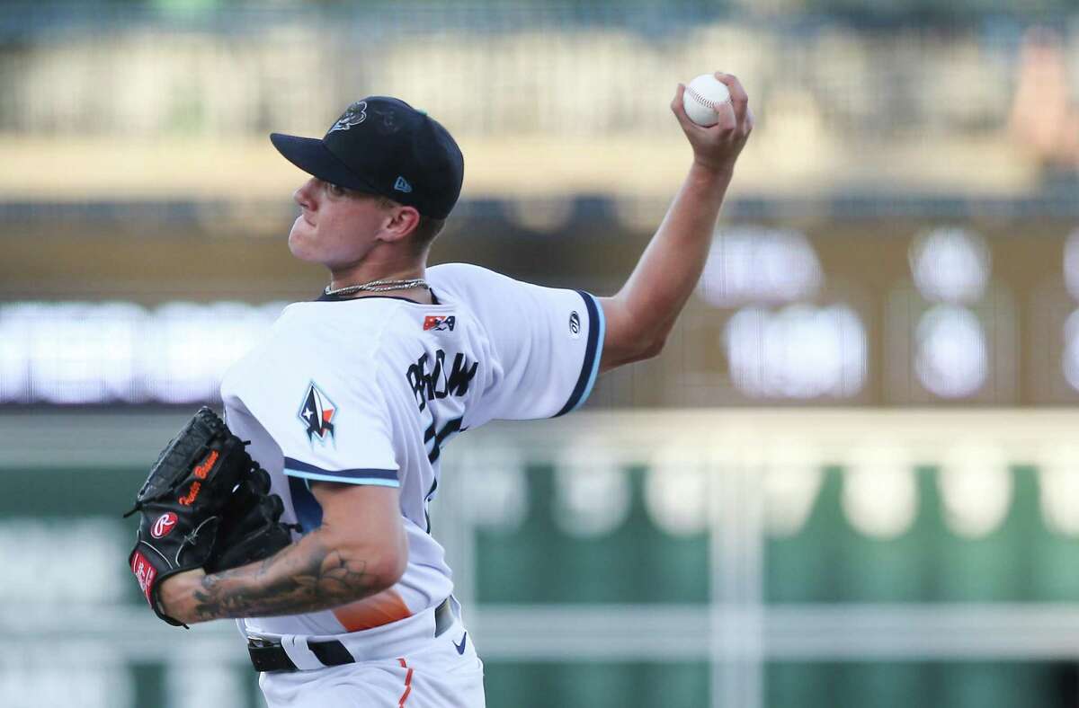 Sugar Land Space Cowboys pitcher Hunter Brown (25) throws the ball during game action against the Albuquerque Isotopes at Constellation Field on Wednesday, June 1, 2022 in Sugar Land.
