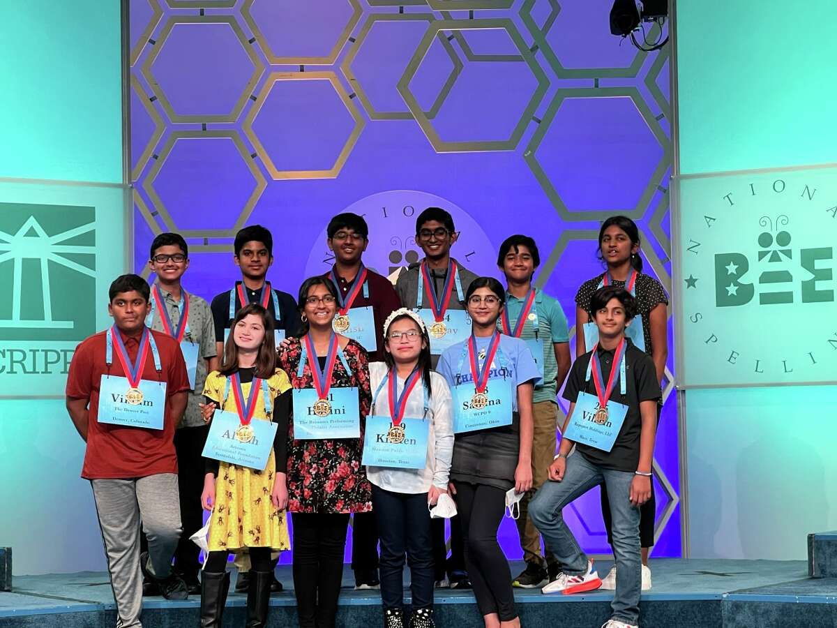 Kristen Santos, pictured front row and forth from the right, from Katy, is competing in the 2022 Scripps National Spelling Bee final.