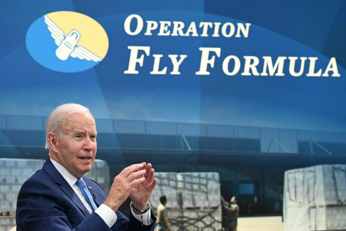 President Joe Biden speaks during a virtual meeting with administration officials and major infant formula manufacturers to urge an increase in infant formula production and ramp up imports of formula through Operation Fly Formula, in the Eisenhower Executive Office Building in Washington, DC, on June 1, 2022.