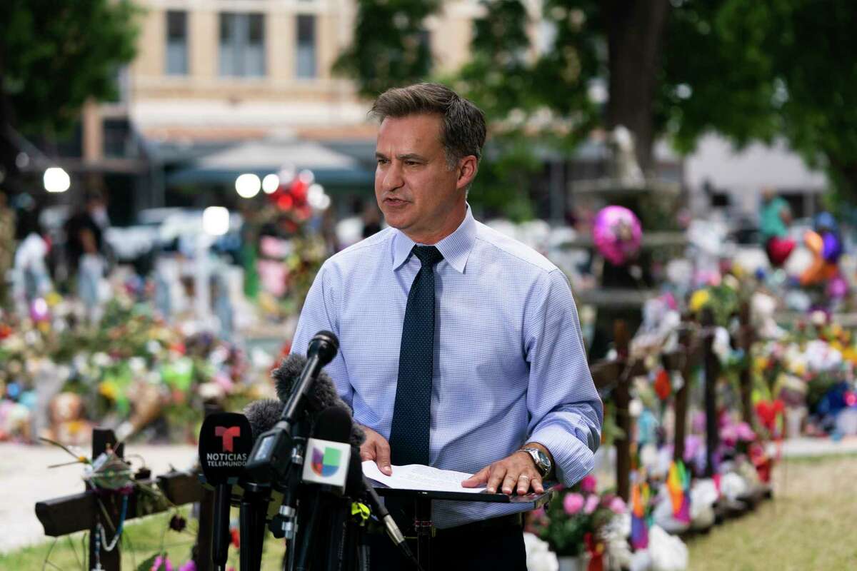 Texas state Sen. Roland Gutierrez speaks during a news conference at a town square in Uvalde, Texas, Thursday, June 2, 2022. Gutierrez said the commander at the scene of a shooting at Robb Elementary School was not informed of panicked 911 calls from inside the school building.