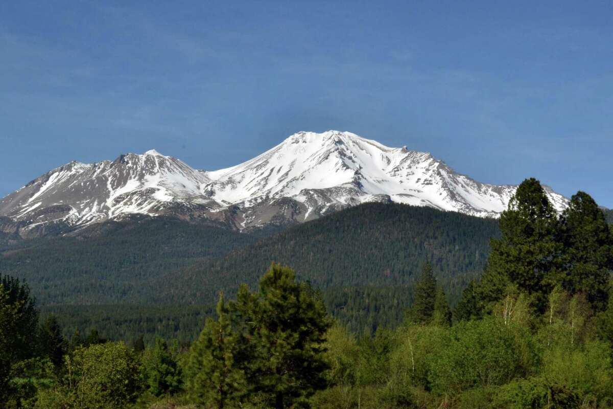 Mount Shasta, seen here in May 2022, towers above its surroundings.