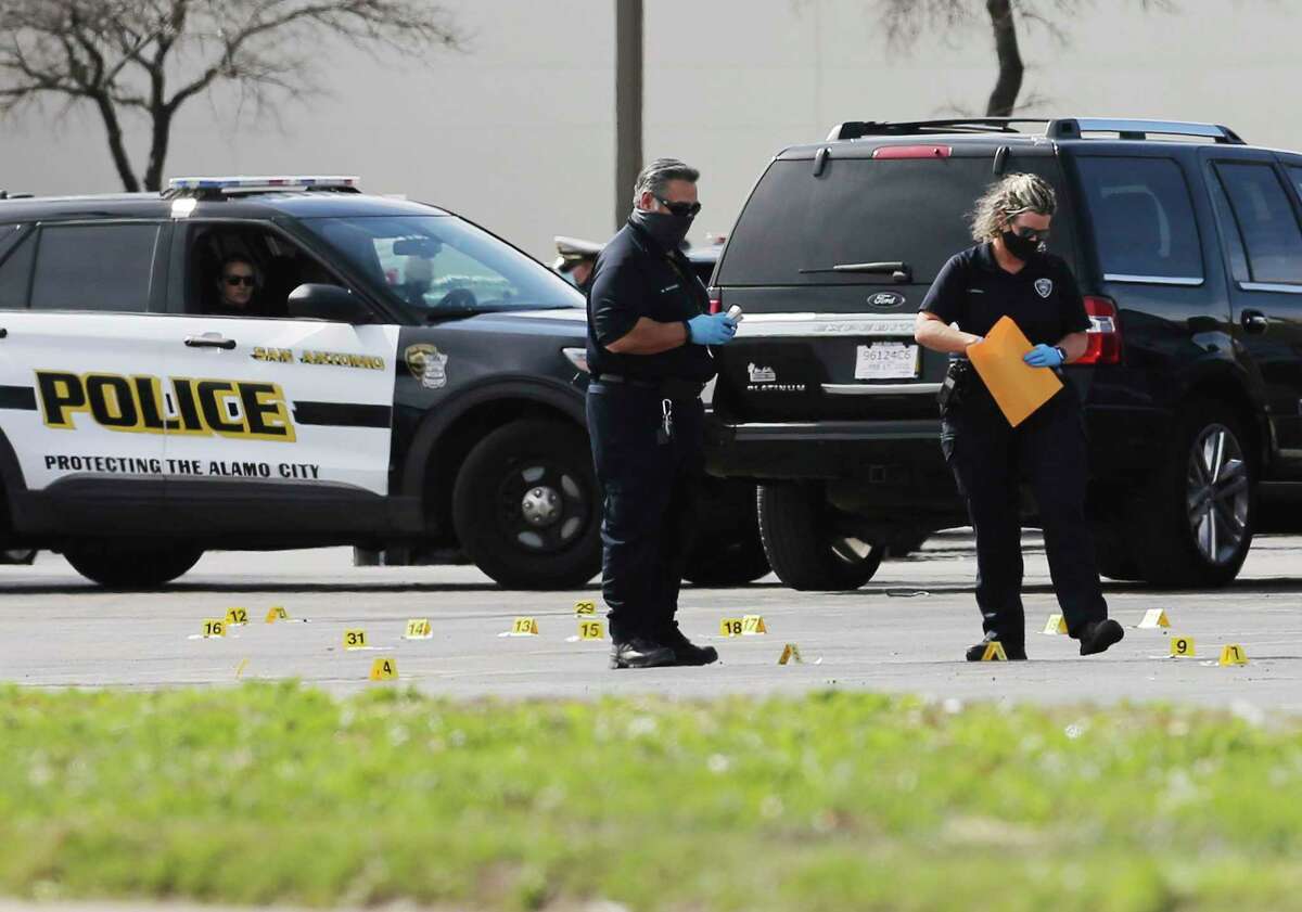 San Antonio Police Department investigate the scene of a fatal shooting between a suspect and SAPD officers on the grounds of South Park Mall on Wednesday, Jan. 27, 2021. The suspect, a truck driver, ran from a TXDOT inspector into the mall where a chase ensued. SAPD officers encountered the suspect outside when gunfire was exchanged and with the suspect being shot. Reports said life-saving efforts were attempted on the suspect but were not successful. Investigators remained on the scene for several hours to determine the motivation of the fleeing suspect and the shooting thereafter.