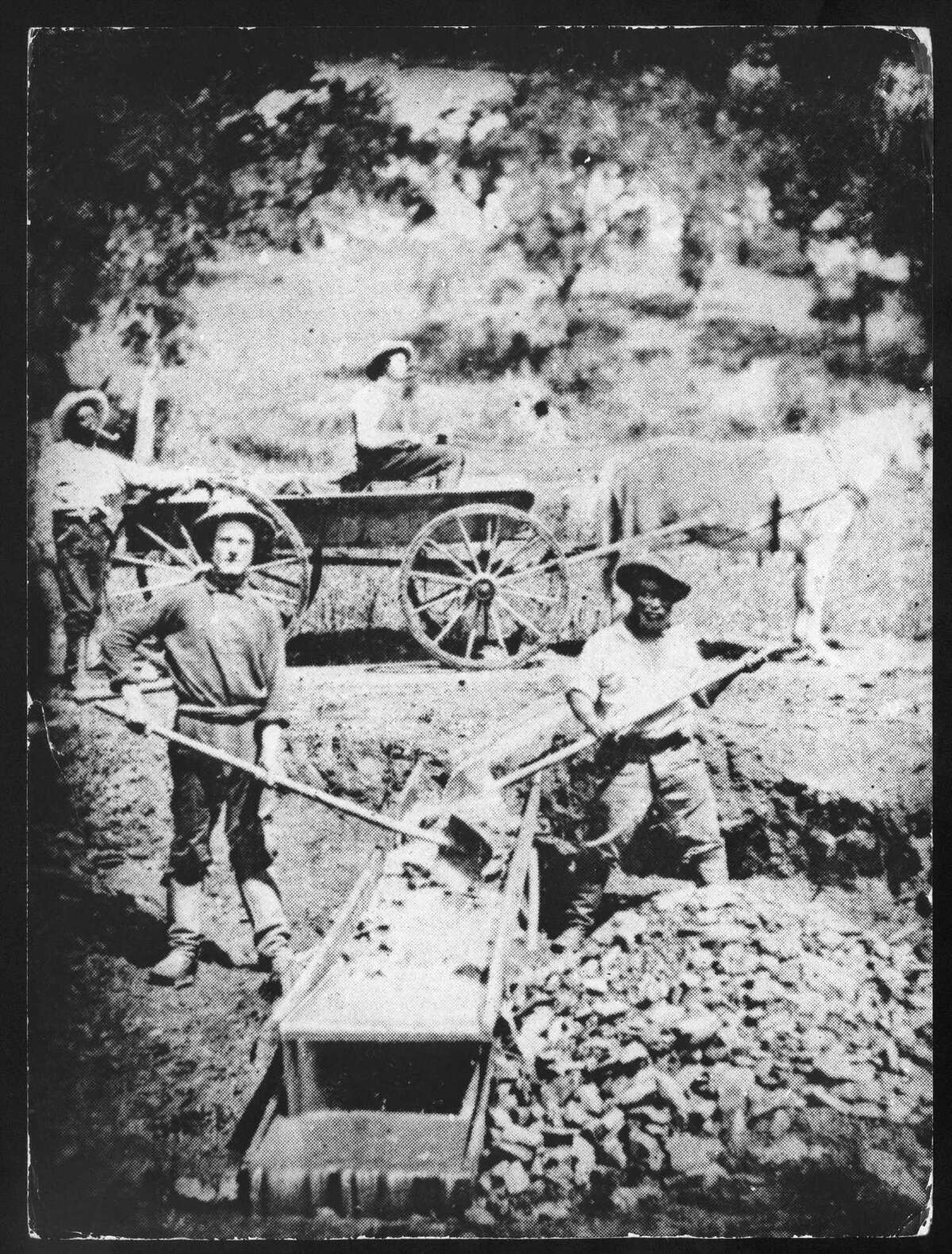Slaves work in California gold mines in 1852. During the Gold Rush, slave-owning whites from the South migrated to California. Even though California had an anti-slavery Constitution, it did little to interfere with the system of human trafficking created by the slave owners.