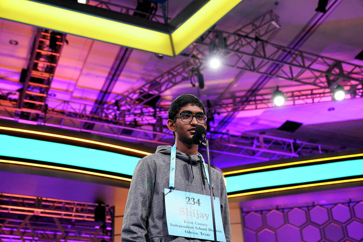 Shijay Sivakumar, 14, from Odessa, competes during the Scripps National Spelling Bee, Wednesday, June 1, 2022, in Oxon Hill, Md. (AP Photo/Alex Brandon)