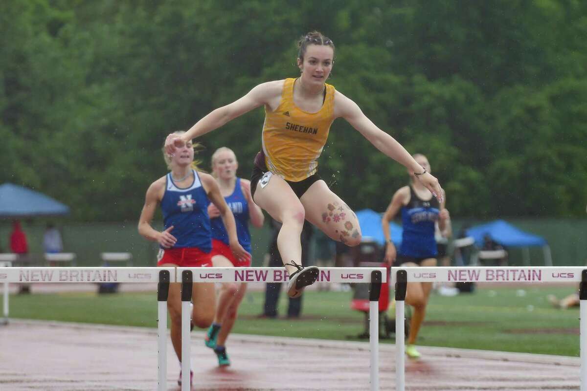 Patrice Mansfield of Sheehan wins the 300 meter hurdles in the CIAC Class M Track and Field Championships on Thursday June 2, 2022 at Willow Brook Park in New Britain, CT.