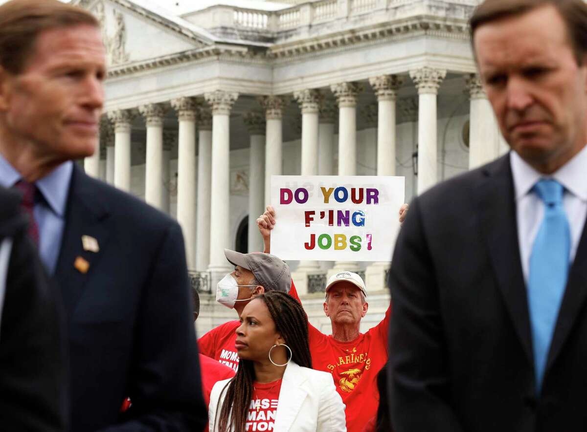 WASHINGTON, DC - Sen. Richard Blumenthal, left, and Sen. Chris Murphy, attend a rally with gun control advocacy groups outside the U.S. Capitol on May 26, organized by Moms Demand Action, Everytown for Gun Safety and Students Demand Action. Earlier this week, the two Connecticut senators filed legislation to restore the federal ban on military-style weapons.
