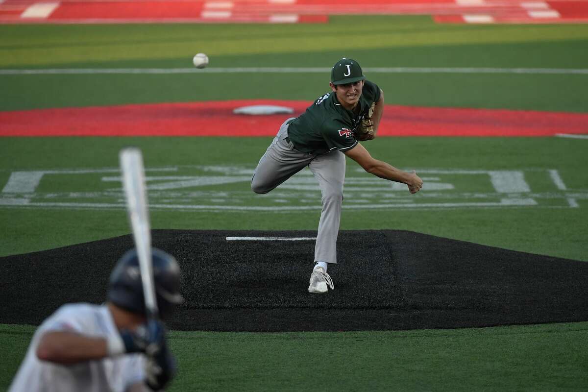 Strake Jesuit's Garrett Stratton pitches to Ridge Point during game 1 of the Region III-6A championship series Thursday, June 2, 2022, in Houston.