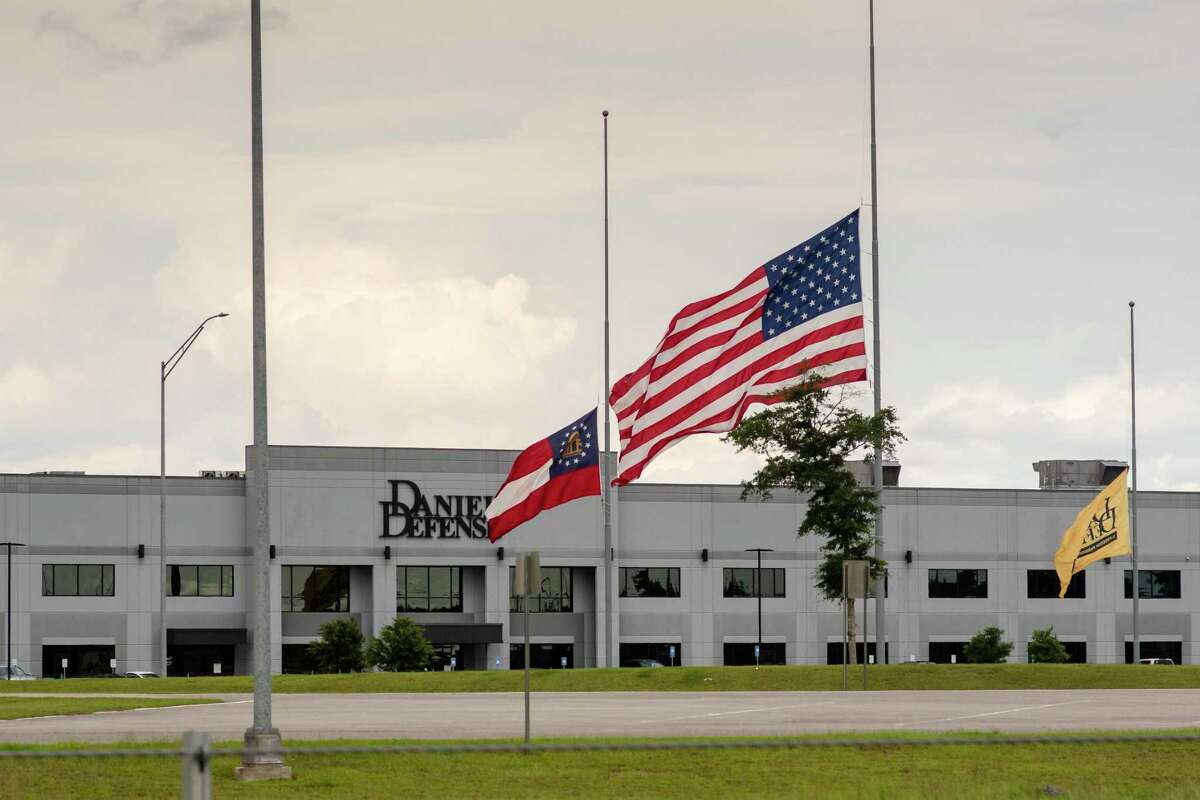 A flag flies at half-mast at Daniel Defense’s headquarters in Black Creek, Ga., May 27, 2022. After one of its military-style rifles was used in the Texas elementary school shooting on Tuesday, the gun manufacturer published a pop-up statement on its home page sending “thoughts and prayers” to the community of Uvalde, Texas, and pledging to cooperate with the authorities. (Dylan Wilson/The New York Times)