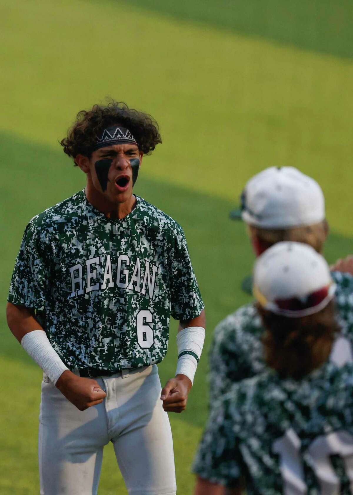 Reagan's Jeter Battles (6) celebrates as his team makes a second run in the fourth inning against the Lake Travis Cavaliers during the first game of a best of three Region IV-6A final series at North East Sports Park in San Antonio, TX, Monday, Sept. 20, 2021. The Rattlers took a 1-0 lead in the best of three series by defeating the Cavaliers 3-2 in nine innings.