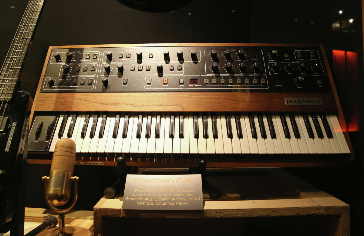 Keyboardist Jonathan Cain's Sequential Circuits Prophet-5 analog synthesizer is displayed during a memorabilia case dedication for Journey at the Hard Rock Hotel & Casino on May 3, 2017 in Las Vegas, Nevada.
