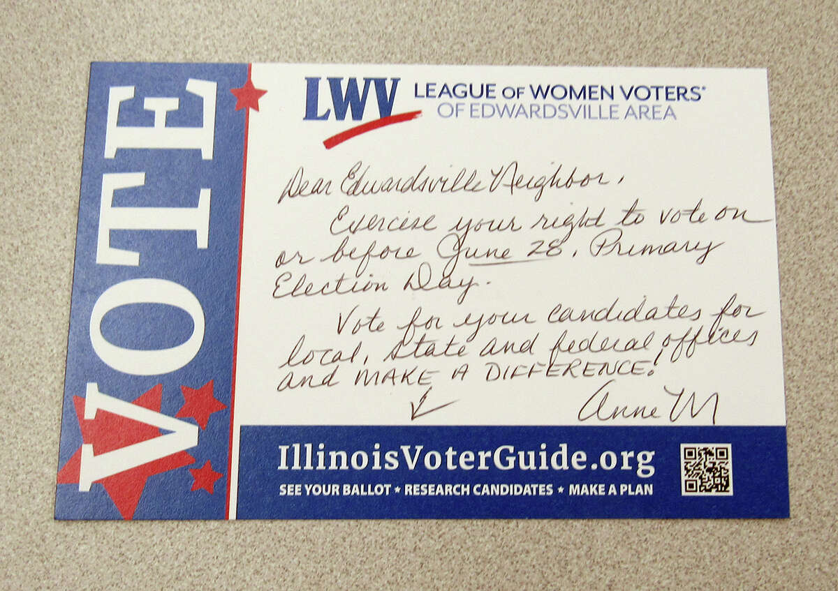 This is a hand-wrriten postcard being sent by the League of Women Voters of the Edwardsville Area to registered voters in a local precinct who did not vote in last spring's local election. The postcard campaign is an experiment to increase voter turnout.