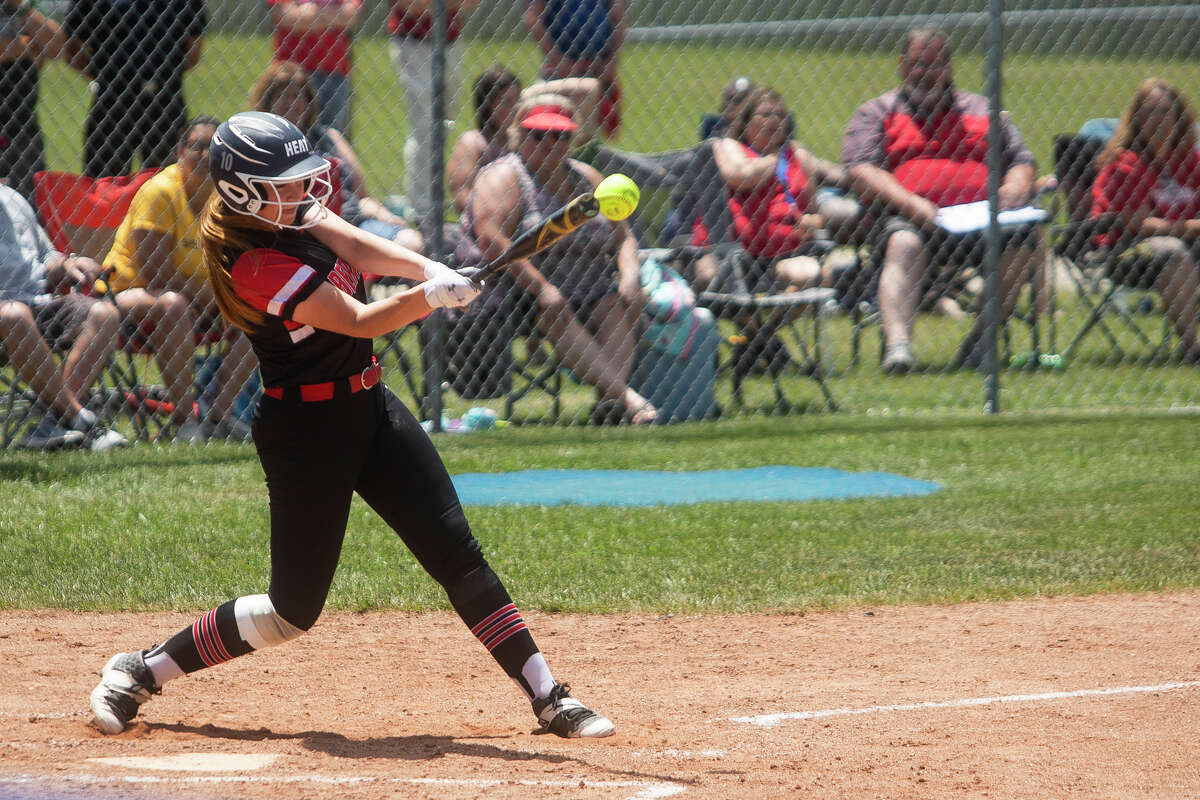 Beaverton's Laken Longstreth swings on a pitch during a district semifinal against Farwell Friday, June 3, 2022 at Meridian Early College High School.