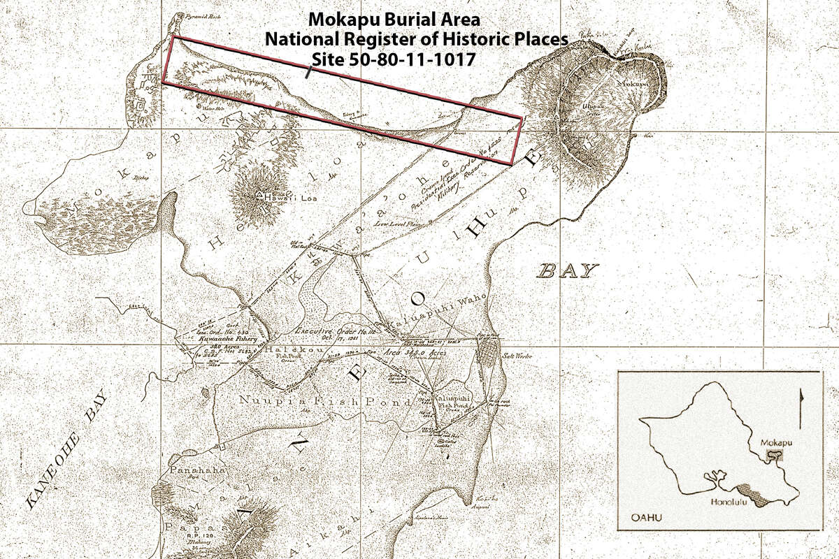 On the Windward Side of Oahu, more than 1,500 iwi kupuna (ancestral Hawaiian skeletal remains) were unearthed from the sand dunes of the Mokapu Peninsula’s shoreline between Kuau (aka Pyramid Rock) to Ulupau Crater. The remains of babies, teens, adults and elders were taken from their final resting places in a series of excavations and isolated finds from 1915 to 1993.