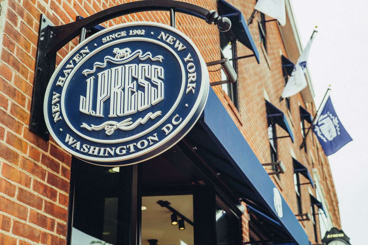 The store front of the new permanent home of J. Press on Elm Street in New Haven's Broadway shopping district.