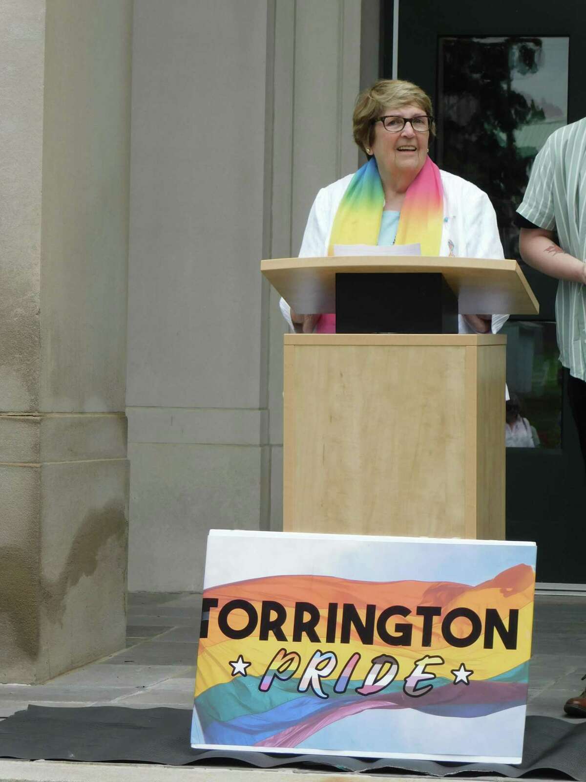 More than 50 people gathered June 2 in front of City Hall as the Pride flag representing the LGBTQ community was raised here for the first time. Here, former City Councilwoman Sharon Waagner.