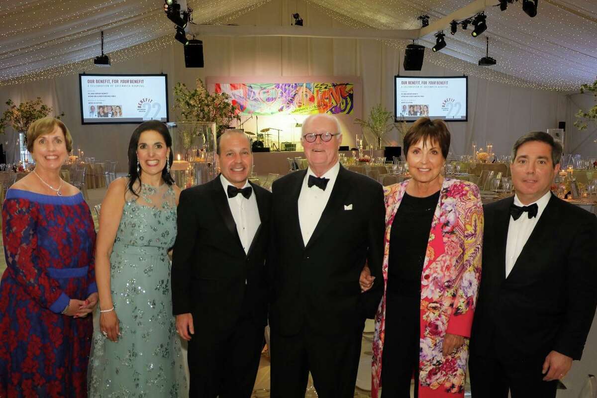 Those celebrating at the Benefit for Greenwich Hospital held at Greenwich Country Club on May 20 includes, from left, Diane P. Kelly, president, Greenwich Hospital; Catherine Brunetti and Dr. James A. Brunetti, honoree; Arthur C. Martinez, honoree; Elizabeth Martinez, Honoree; and W. Robert Berkley Jr., chairman of the Greenwich Hospital Board of Trustees.