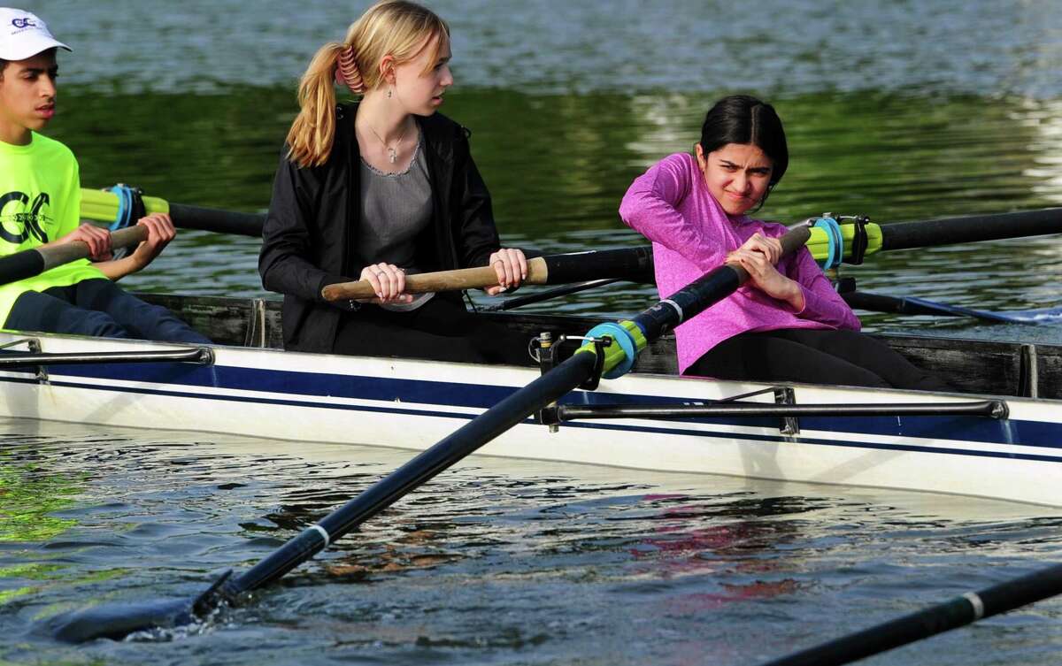 Zara Haque, a middle school student with Boys & Girls Club of Greenwich, struggles with an oar as she takes part in a 12-week rowing program called STEM to Stern in partnership with Greenwich Rowing at Greenwich Water Club in Greenwich, Conn., on Thursday May 26, 2022. For the first seven weeks, a STEM (science, technology, engineering and math) lesson is incorporated into the offering.
