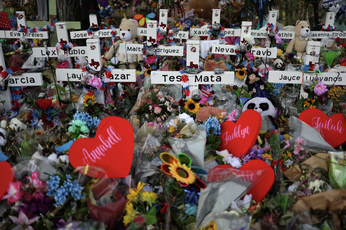 Wooden crosses are placed at a memorial dedicated to the victims of the mass shooting at Robb Elementary School in Uvalde, Texas. (Photo by Alex Wong/Getty Images)