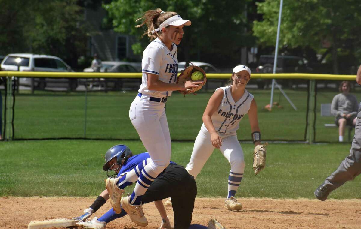 Fairfield Ludlowe's Elena Ohe celebrates after tagging out a runner at second during the Class LL softball quarterfinals between Fairfield Ludlowe and Hall at Sturges Park, Fairfield on Friday June 3, 2022.