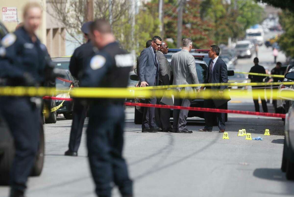 Police gather to investigate the fatal shooting of Luis Góngora Pat in 2016 in San Francisco. The city’s district attorney at the time declined to file charges against the officers involved.