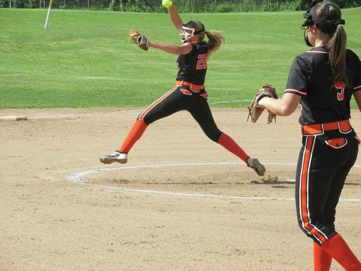Watertown first baseman Lilliana Spagnoletti, right, backed up pitcher Nadia Andarowski in their win over Northwestern in a Class M quarterfinal at Northwestern High School Friday afternoon.