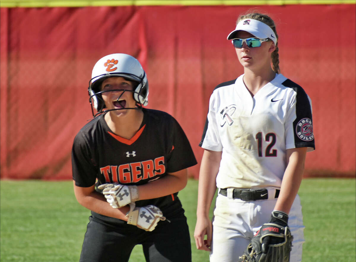 Edwardsville's Avery Hamilton celebrates a two-run double against Bradley-Bourbonnais during the Class 4A Pekin Sectional championship game on Friday in Pekin.