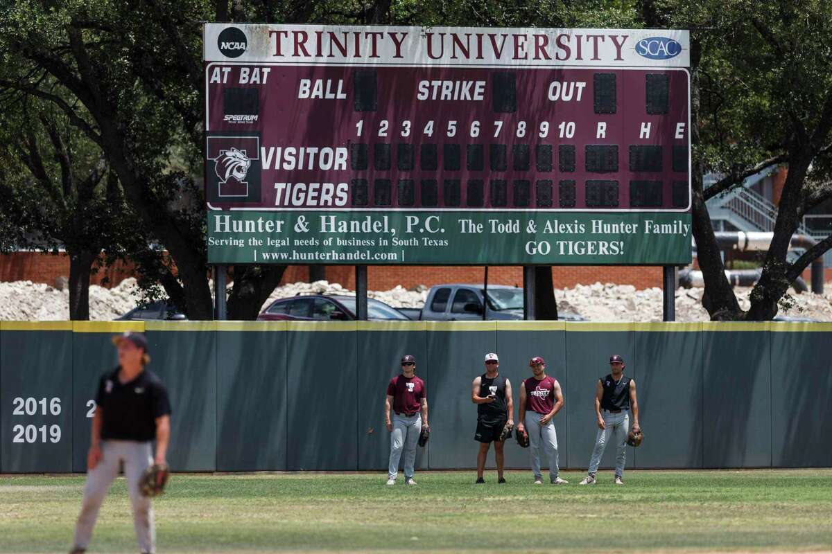 The Trinity Tigers practice on the Trinity University baseball field in San Antonio, Texas, Tuesday afternoon, May 31, 2022. The Tigers will be traveling to Cedar Rapids, Iowa, to play in the Division III College World Series on Friday.