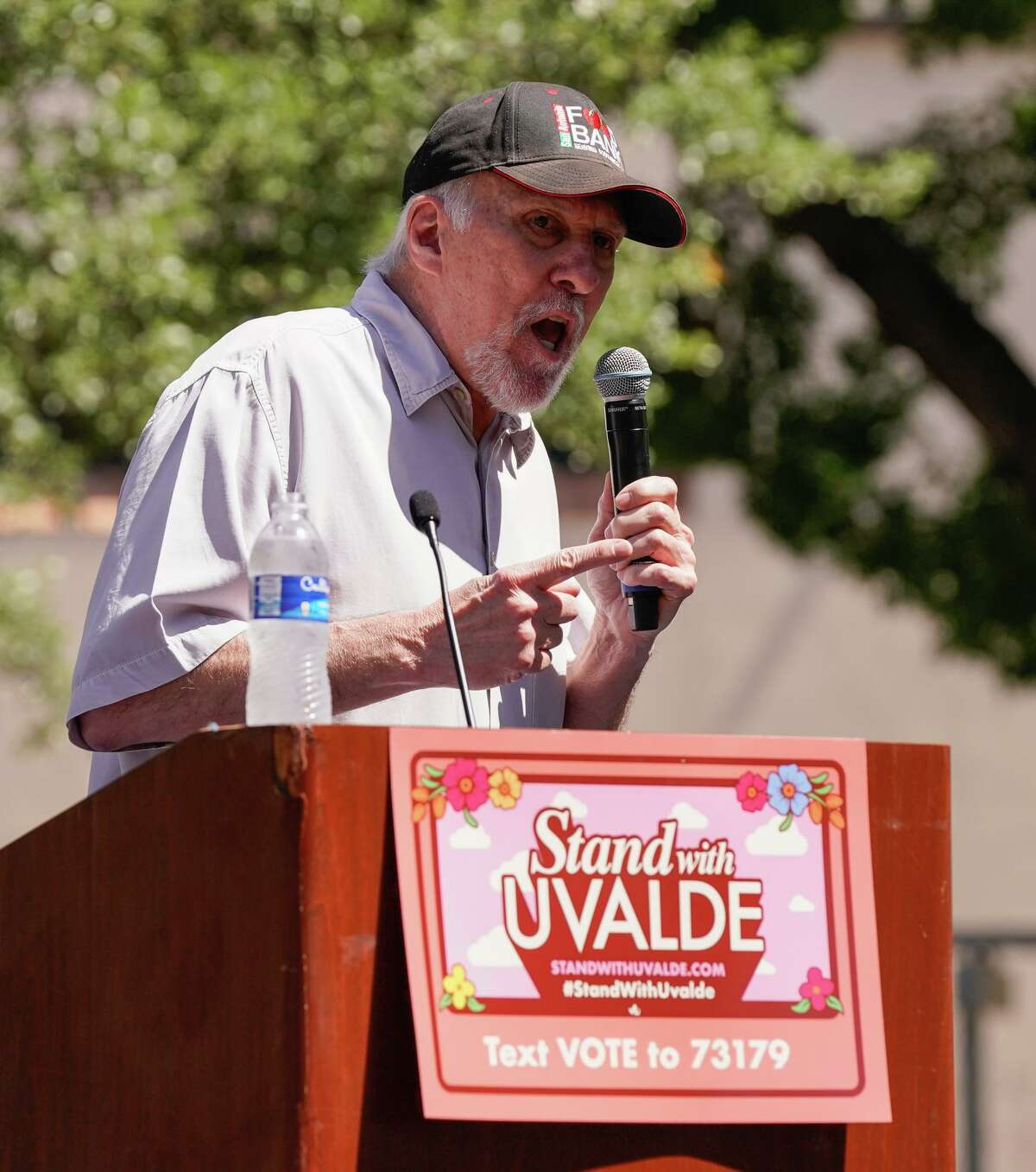 Spurs Coach Gregg Popovich speaks during a "Stand with Uvalde" call to action rally Saturday morning in Travis Park.
