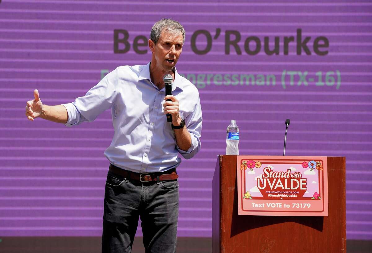 Democratic gubernatorial candidate Beto O'Rourke speaks to the crowd during a "Stand with Uvalde" call to action rally Saturday morning in Travis Park.