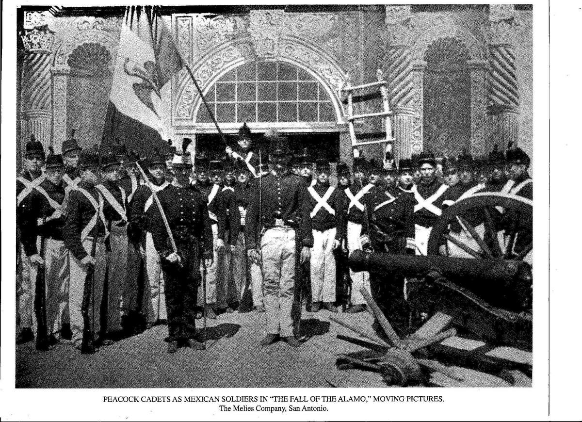 In this undated photo, these cadets from Peacock Military Academy are wearing school uniforms accessorized to portray the Mexican Army when they were extras in “The Fall of the Alamo,” released in 1911. Promotional material and press reports about the movie from that time are still around, but no copy of the film itself is known to exist.