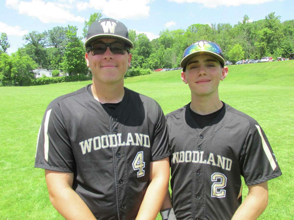Woodland’s Ryan Montini, left, and Derren Gasparri drove in the Hawks’ winning runs in a Class M quarterfinal matchup with Northwestern on Saturday.