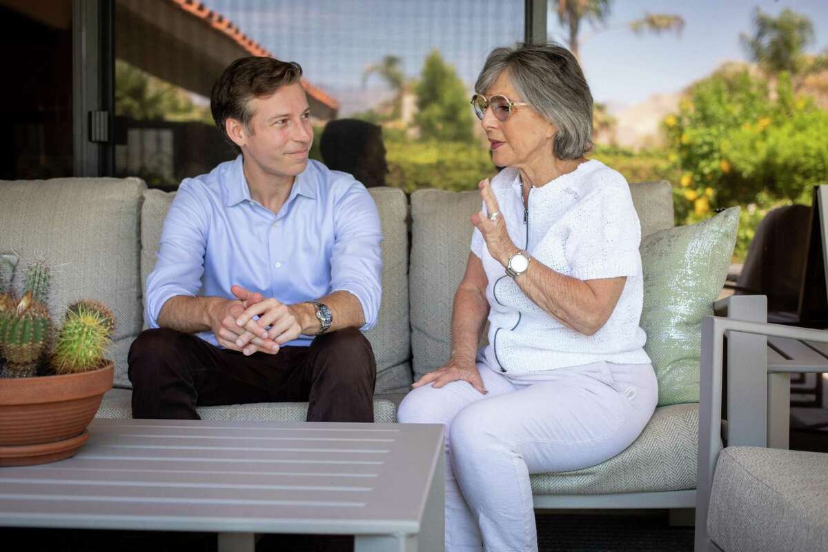 Former Sen. Barbara Boxer, D-Calif., chats with Democratic congressional candidate Will Rollins at her home in Rancho Mirage (Riverside County). Boxer has thrown herself into the campaign to unseat GOP Rep. Ken Calvert, which Riverside County Democrats say has the potential to be a key pickup in a midterm year.