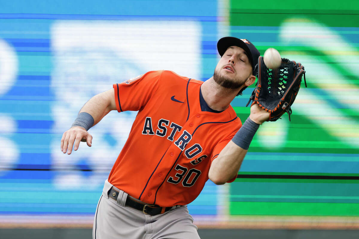 Houston Astros right fielder Kyle Tucker catches a fly ball, hit by Kansas City Royals' Bobby Witt Jr. during the sixth inning of a baseball game in Kansas City, Mo., Saturday, June 4, 2022. (AP Photo/Colin E. Braley)