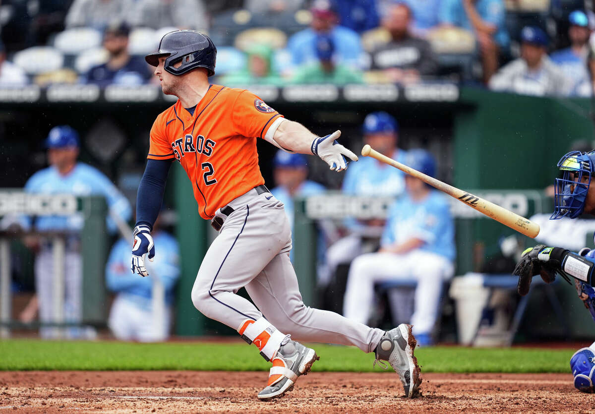 KANSAS CITY, MO - JUNE 04: Alex Bregman #2 of the Houston Astros hits a single against the Kansas City Royals during the third inning at Kauffman Stadium on June 4, 2022 in Kansas City, Missouri. (Photo by Jay Biggerstaff/Getty Images)