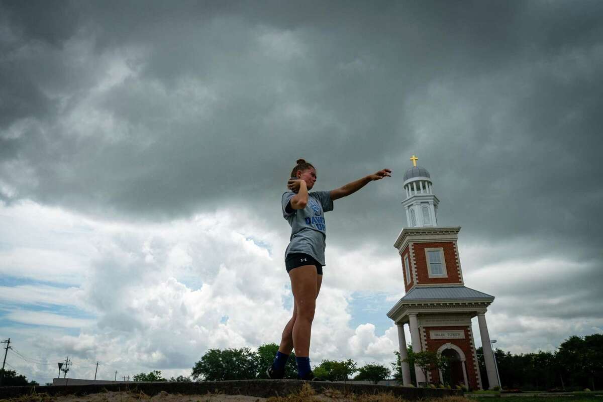 Smith works on her shot put, Thursday, June 2, 2022, at Houston Baptist University in Houston. Smith will be competing in the heptathlon next week in Oregon at the 2022 NCAA outdoor track and field championships.