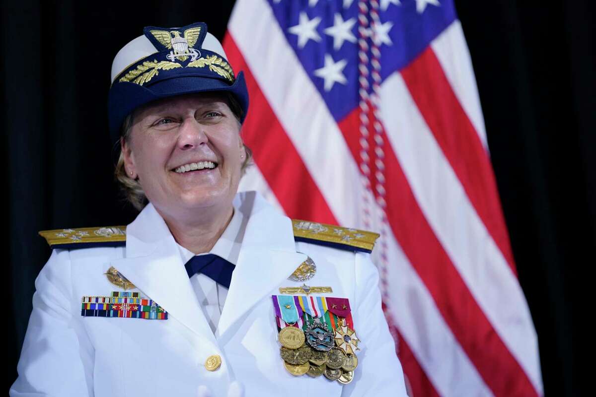 Adm. Linda Fagan attends a change of command ceremony at U.S. Coast Guard headquarters, Wednesday, June 1, 2022, in Washington. Adm. Karl L. Schultz is being relieved by Fagan as the Commandant of the U.S. Coast Guard. (AP Photo/Evan Vucci)