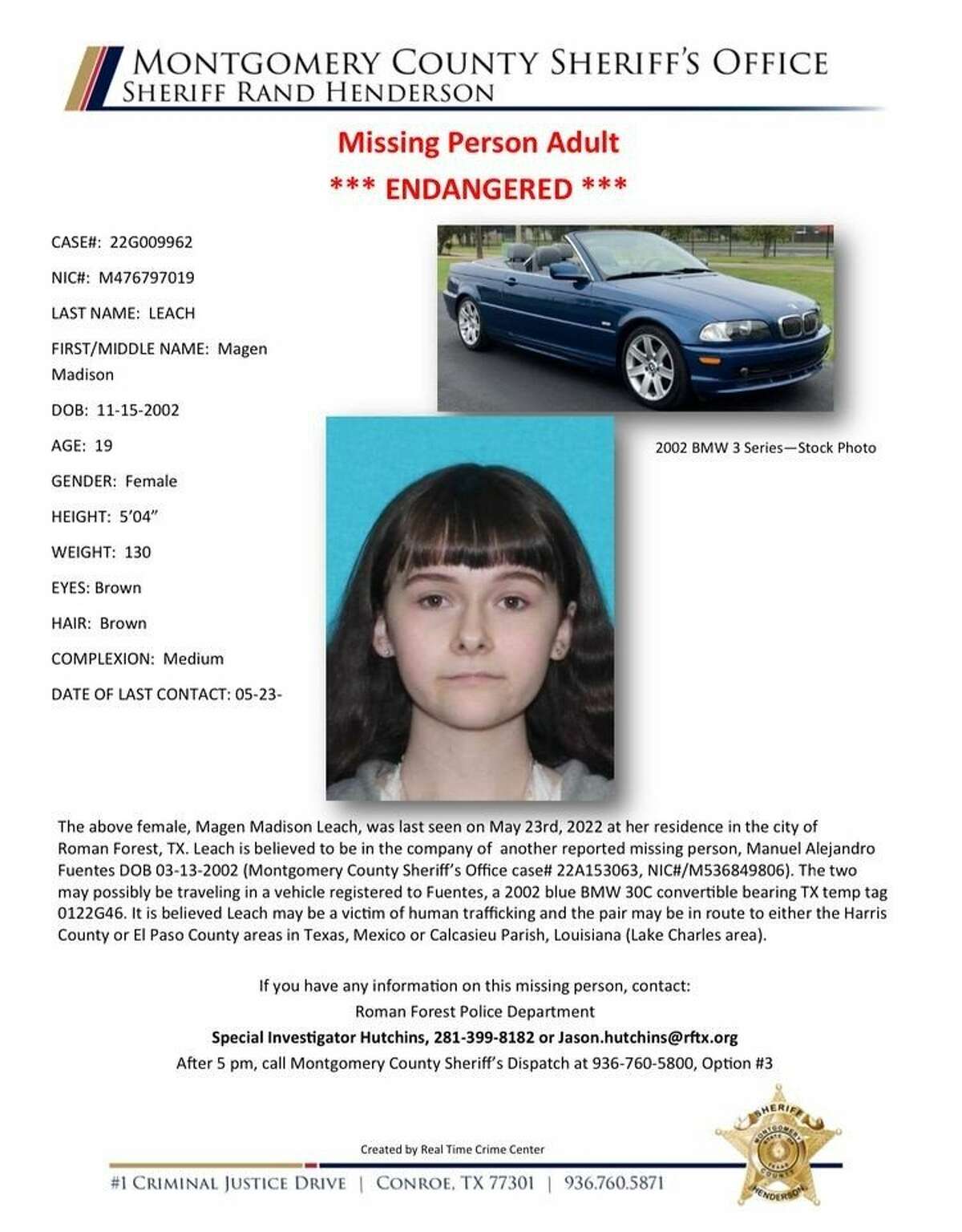A missing persons poster for Megan Madison Leach, 19, of Roman Forest. 