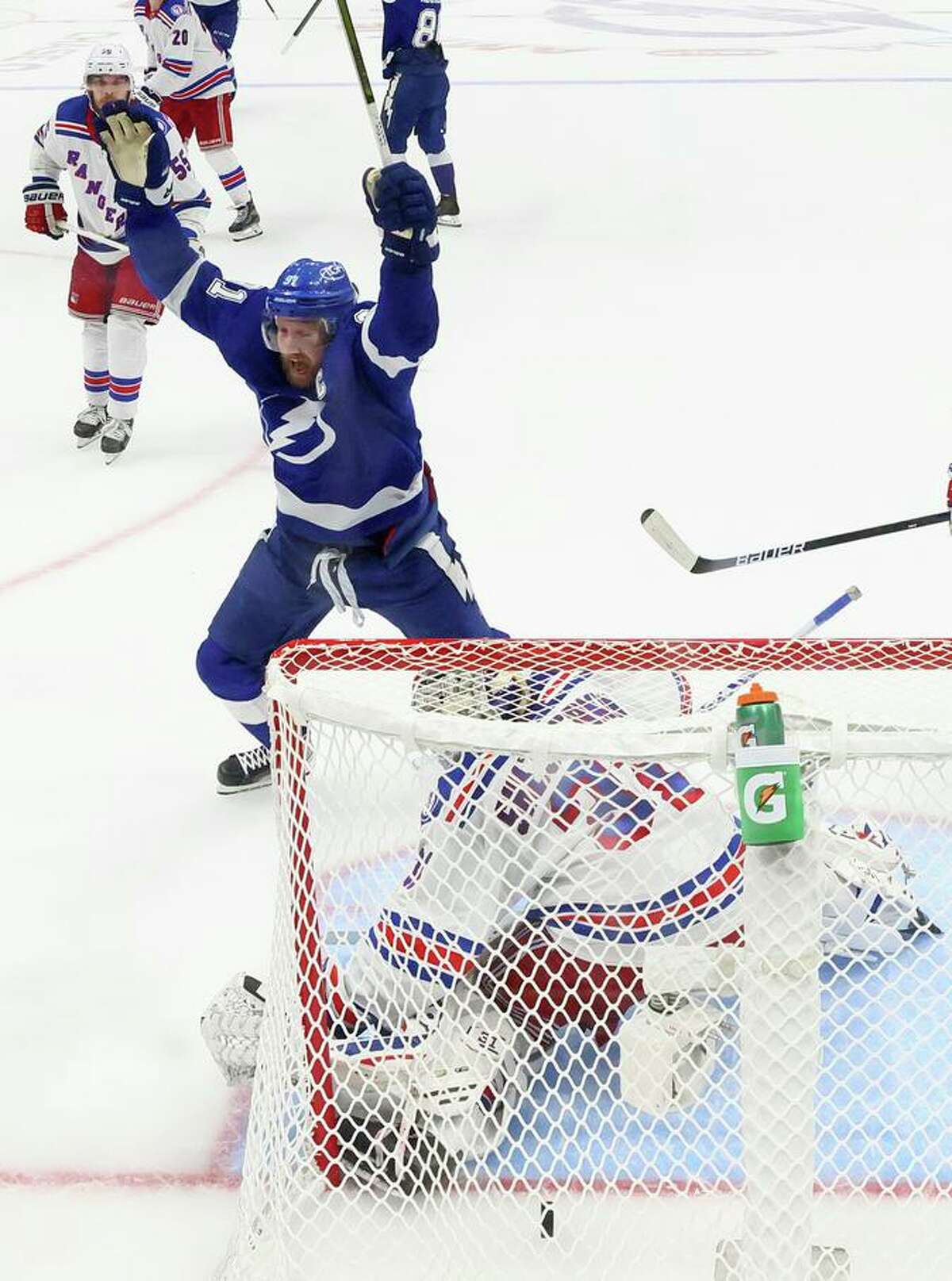 Steven Stamkos of the Lightning celebrates the go-ahead goal scored by Ondrej Palat with less than a minute left in the third period in Game 3 of the Eastern Conference finals in Tampa, Fla. Tampa Bay’s win narrowed the gap in the series to a 2-1 New York lead.