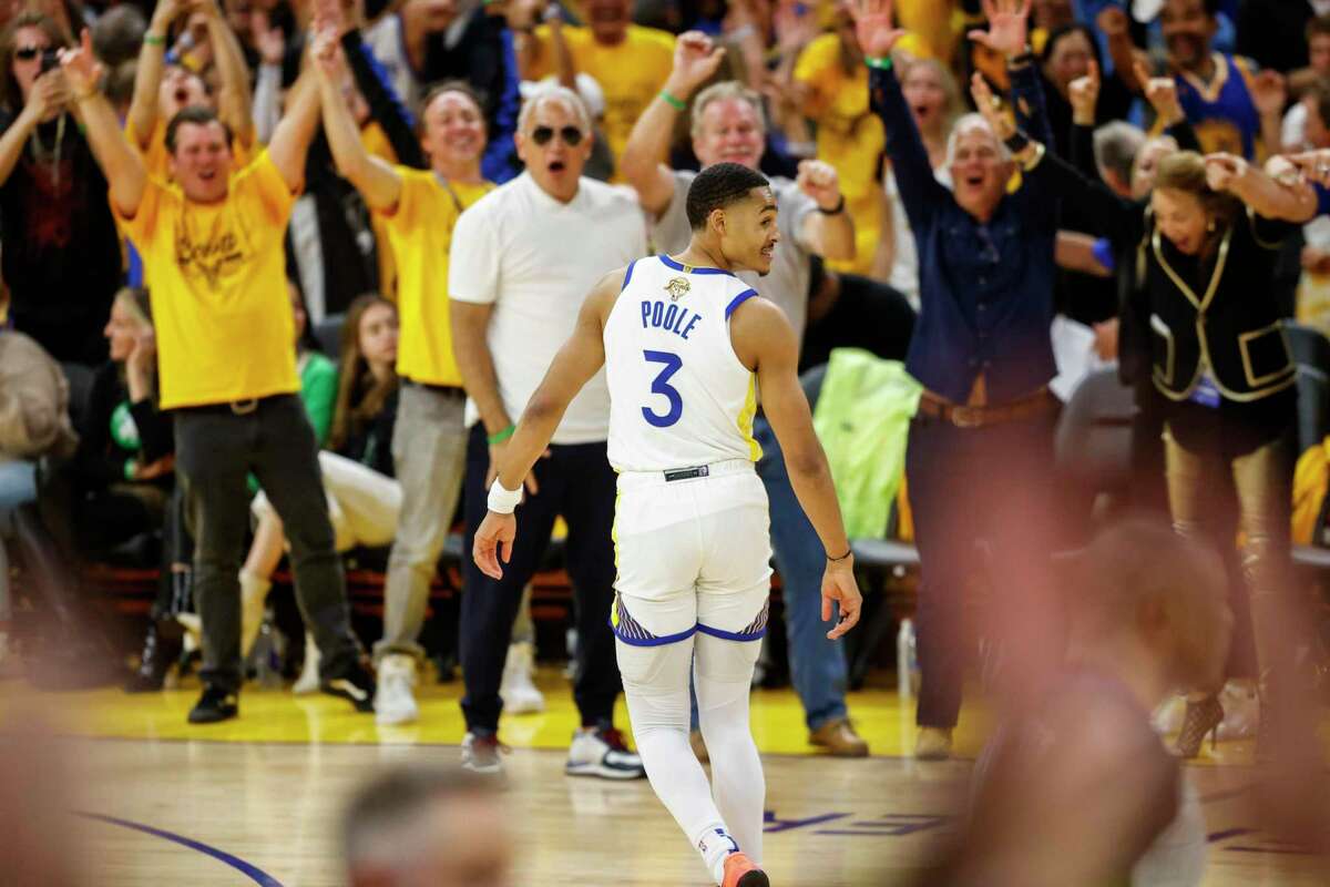 Warriors guard Jordan Poole reacts after canning a 39-footer to cap Golden State’s blistering third quarter in Game 2. Poole finished with 17 points in the 107-88 win over Boston.