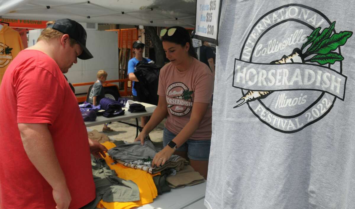 Commemorative T-shirts at the International Horseradish Festival celebrate the production of nearly two-thirds of the world's horseradish in the Collinsville area.